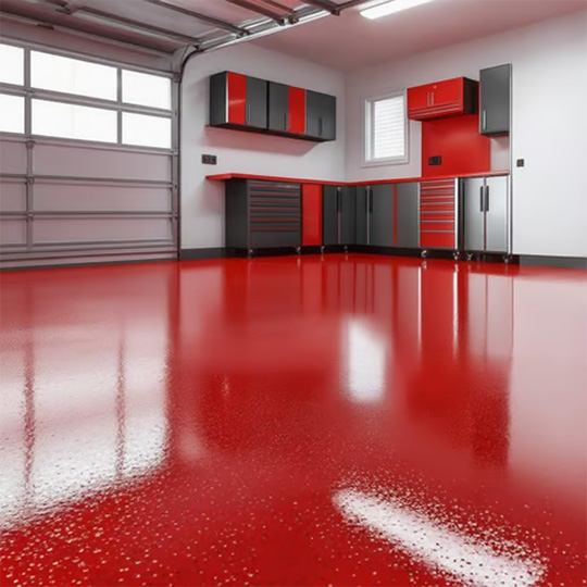 Red Epoxy Floor In Garage With Cabinets