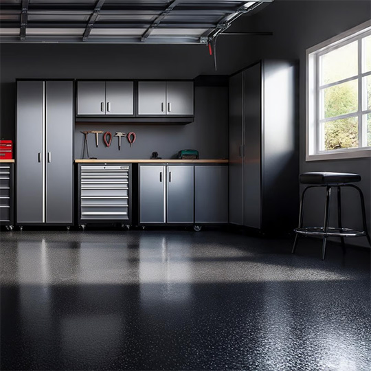 Shiny Garage Floor With Grey Cabinets