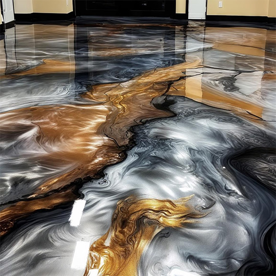 Silver Epoxy Floor With Gold Accent